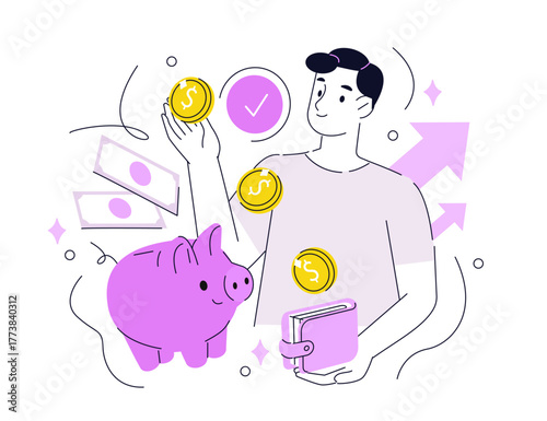 Cashback refund concept. Character holding piggy bank, wallet and receiving money back after online purchases, payments. Vector outline illustration.
