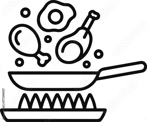 Fried Chicken and Eggs Cooking in Frying Pan Icon food