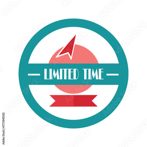 Limited time circular badge vector illustration, teal turquoise graphic emblem with compass pointer and red ribbon banner.