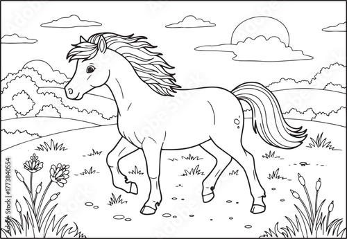 Coloring Page Outline Illustration of a Horse Trotting in a Natu
