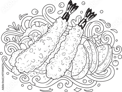 Hand drawn illustration of tempura with lemon and seaweed abstra