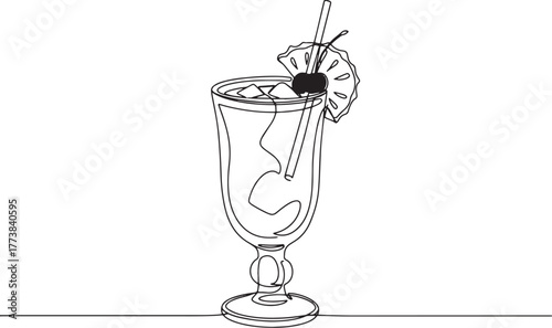Single Line Drawing of a Singapore Sling Cocktail with Cherry an