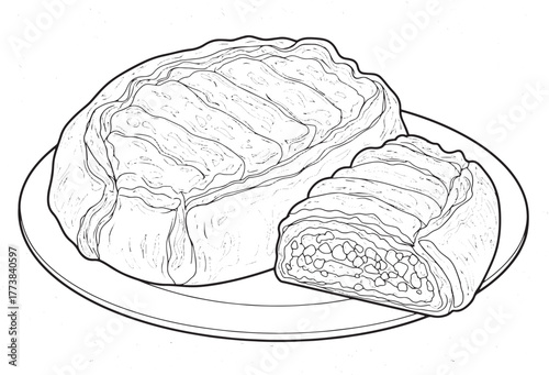 Detailed line art illustration of Bulgarian banitsa pastry on a
