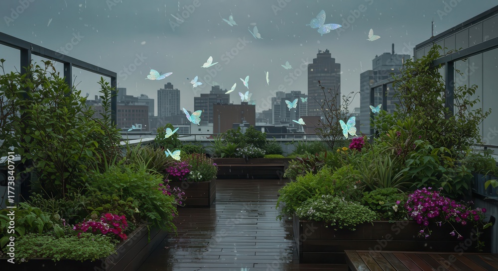 Fototapeta premium Numerous glowing butterflies flutter above a rain-soaked urban rooftop garden against a city skyline backdrop