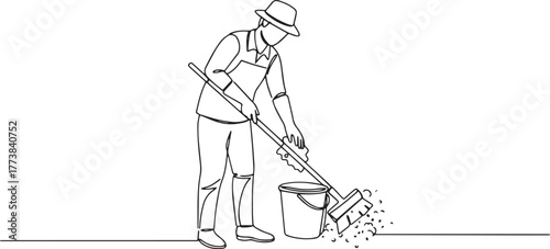 Single line drawing illustrating a man scrubbing with bucket and