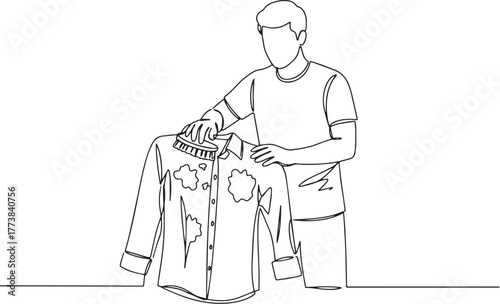 Drawn line art illustration of a man cleaning a stained shirt wi