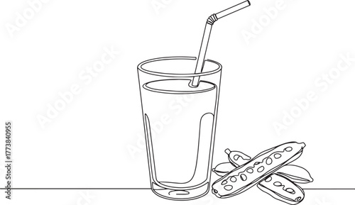 Minimalist Carob Drink Illustration with Straw and Pods in Outli