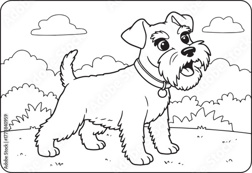 Charming miniature schnauzer outlined illustration against cloud