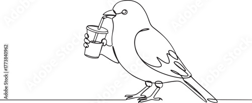 Minimalist yellow bird line art illustration sipping a refreshin