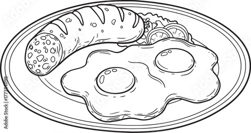 Delicious breakfast illustration featuring chorizo, fried eggs a