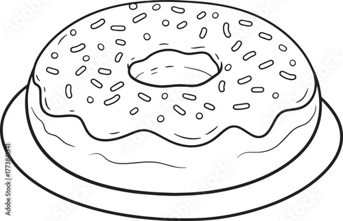 Outlined doughnut illustration with glaze and sprinkles on white
