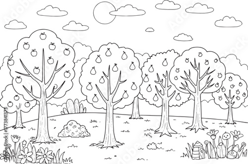 Enchanting Orchard: A Whimsical Line Art Landscape with Fruit Tr