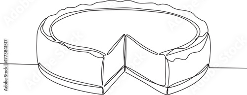 Minimalist continuous line drawing of a cheesecake with a slice