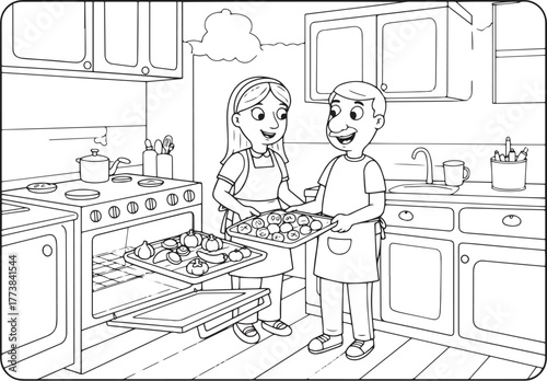 Illustrative Kitchen Scene with Couple Roasting Vegetables in Ov