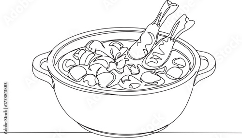 Continuous line drawing of caribbean pepperpot in a traditional
