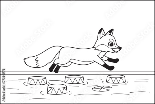 Playful fox leaping across stepping stones, cartoon illustration