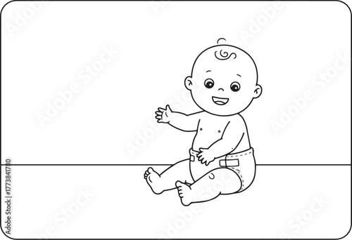 Charming outline illustration of a cheerful baby sitting content