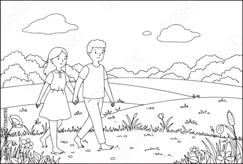 Charming illustration of a young couple peacefully walking throu