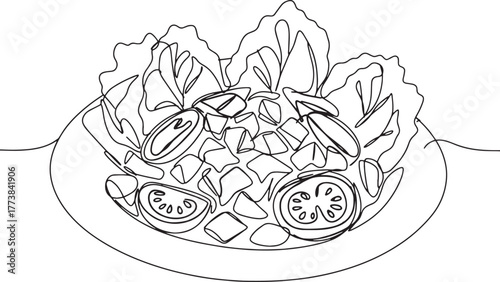 Elegant line drawing of a vibrant fattoush salad bursting with f