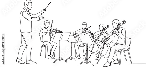 Orchestra in harmonious session with continuous line drawing vec