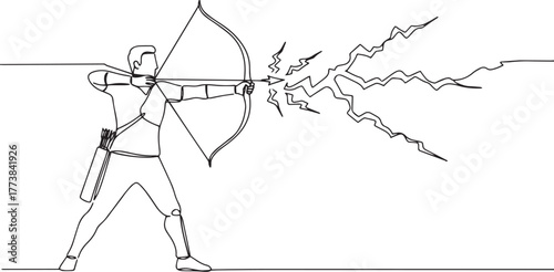 Dynamic line art illustration of archer launching arrow with ene