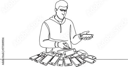 Continuous line art of a man showcasing a collection of modern s