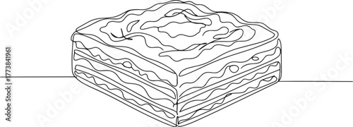 Elegant Single Line Drawing of Lasagna Dish Depicting Simple Foo