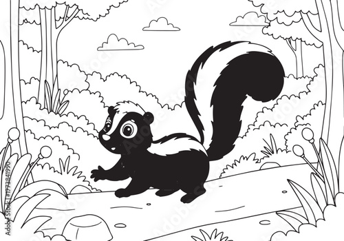 Cartoon skunk character walking cautiously through a whimsical w
