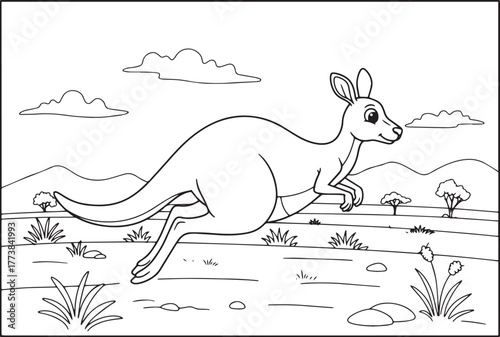 Cartoon Kangaroo Hopping in Australian Landscape Line Art Illust