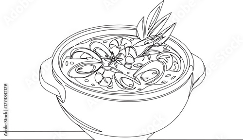 Elegant Line Art Illustration of Brazilian Moqueca Seafood Stew