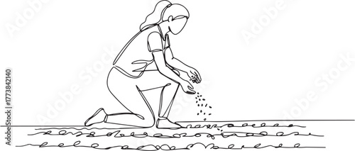 Continuous line drawing of a woman sowing seeds, fostering new g