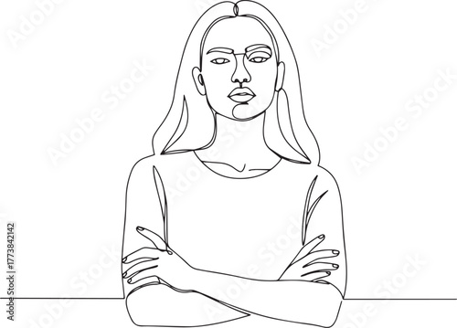 Single continuous line drawing of confident woman with arms cros