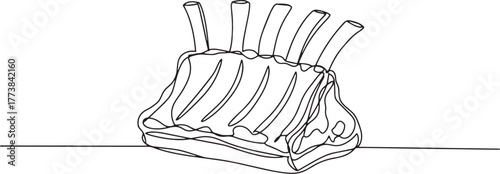 Elegant continuous line drawing of a gourmet lamb rack on a plai