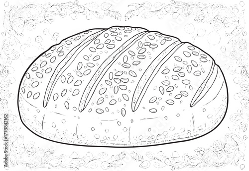 Artistic line drawing of seeded multigrain bread with decorative