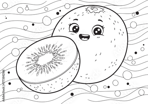 Whimsical kiwi fruit illustration with playful expression and si