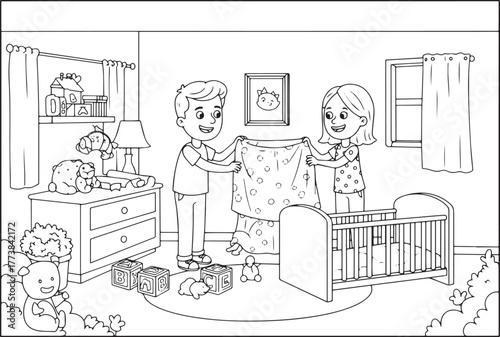 Cartoon couple preparing nursery with crib and toys, awaiting ba
