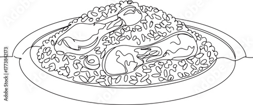 Elegant one-line drawing capturing the essence of jollof rice wi