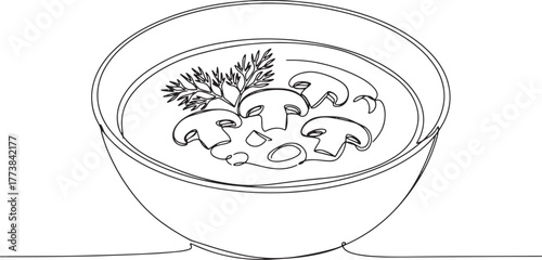Elegant single line drawing of czech kulajda soup bowl with mush
