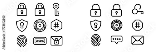 Collection of security icons representing various elements of protection and authentication in a minimalist design