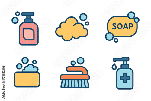 Vector Various colorful soap icons including liquid and bar soap with bubbles