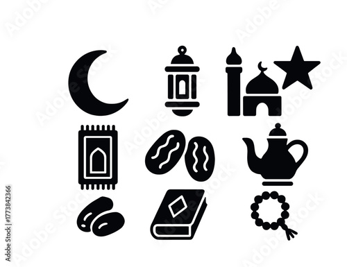 Vector Islamic symbols: crescent, mosque, lantern, dates, prayer rug, and more icons