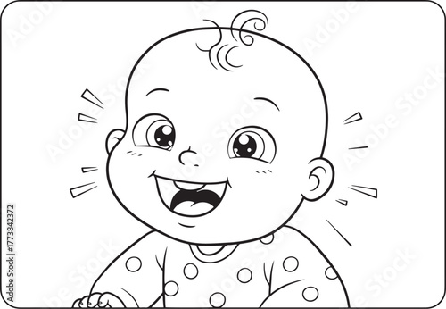 Charming illustration of a laughing baby in black and white outl