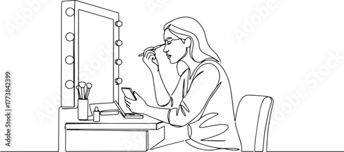 Continuous line drawing of a woman applying makeup at vanity tab