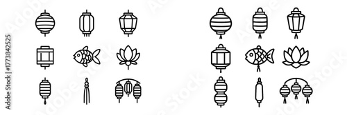 Colorful lanterns and symbolic designs associated with cultural celebrations and festivals in Asian traditions