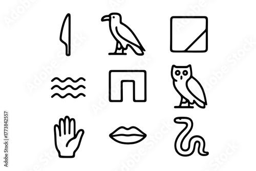 Various simple line art icons depicting animals, shapes, and gestures on a clean background