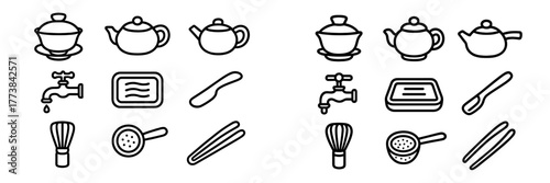 Various kitchen utensils and tea-related items arranged in a pattern for a cooking or tea brewing theme