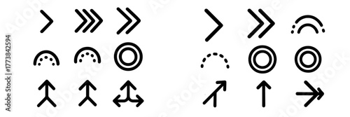 Collection of simple black directional arrows and shapes on a white background for graphic design purposes