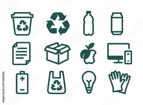 Vector Recycling symbols and sustainable waste management icons for different materials