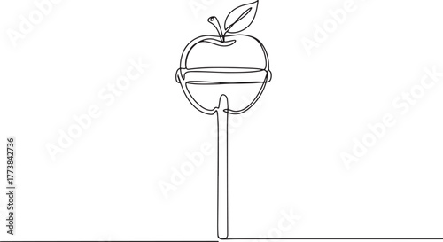 Minimalist line art depicting an apple lollipop in a continuous