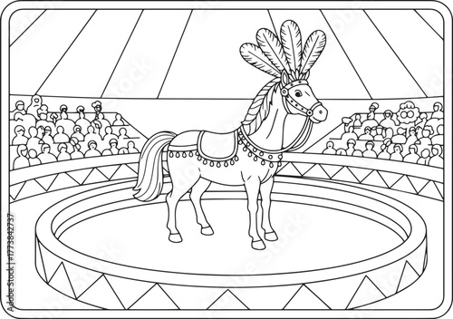 Black and white illustration of a horse in a circus ring with au